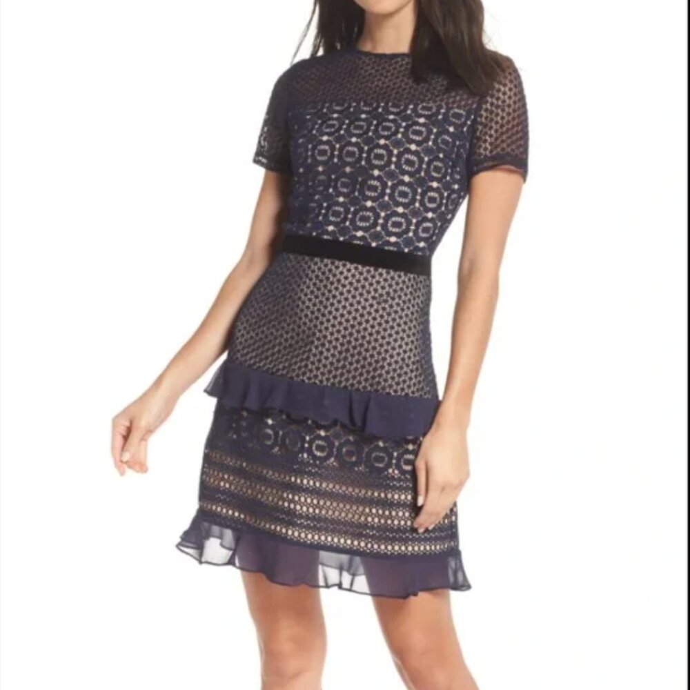 Chelsea28 Velveteen Belt Lace Sheath Dress Navy Blue - L